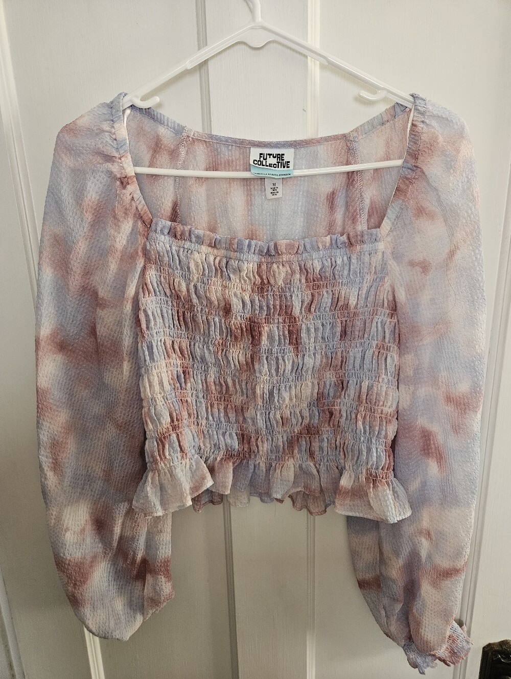 Future Collective Sheer sleeve Pastel Tie-Dye Smocked Long-Sleeve Top